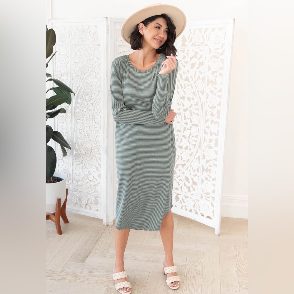Polagram Sage Green Ribbed Long Sleeve Midi Dress